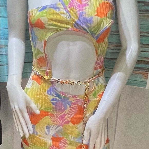 Belted Tropical Leaf Cutout Bodycon Mini Dress *NEW* - Picture 2 of 6